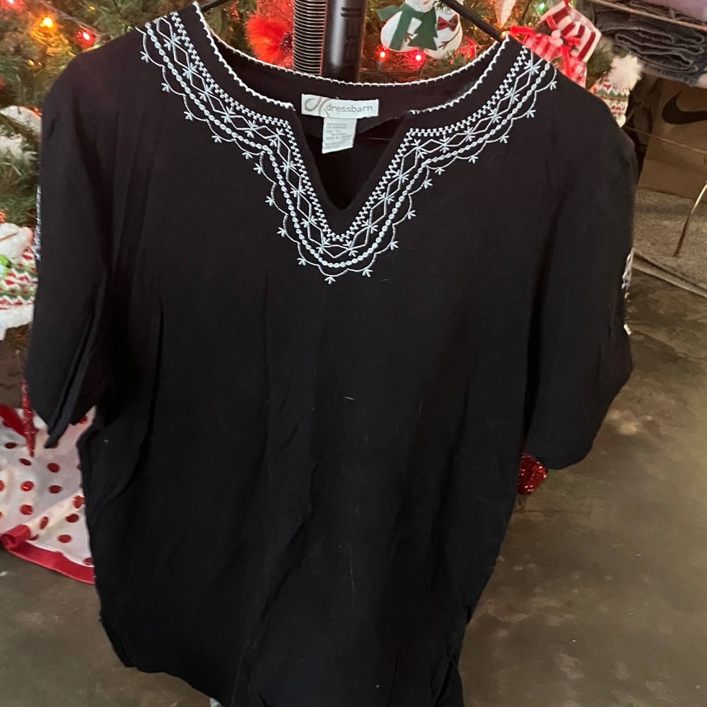 Dress Barn Black Blouse with White Embroidery